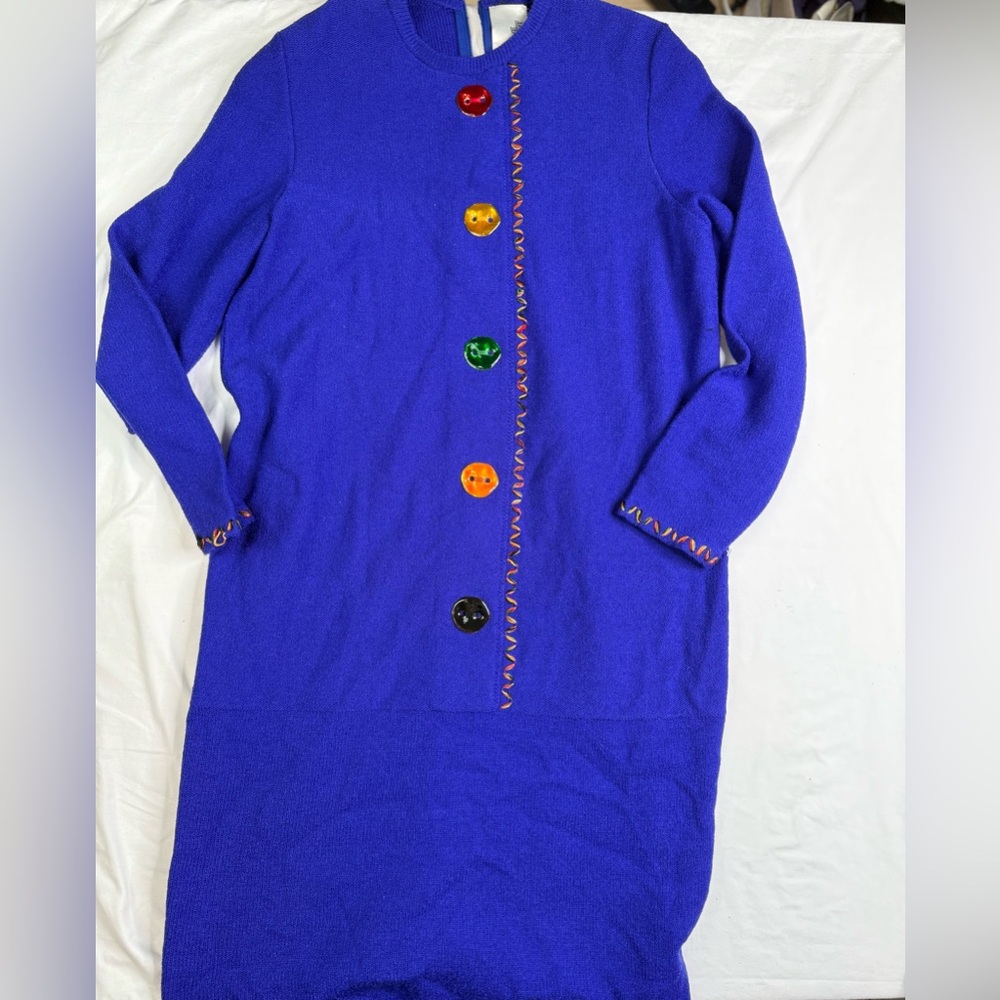 VTG 90s Steve Fabrikant USA Blue Santana Knit Dress Coveted Paris Buttons Size M